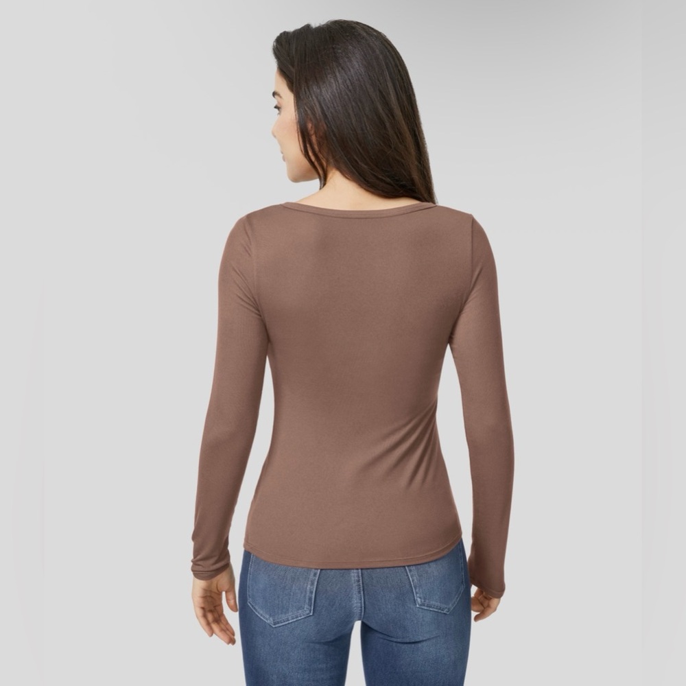 Halara Ribbed Henley Neck Long Sleeve Slim Casual Top in Beaver Fur NWT - Large - Picture 3 of 12